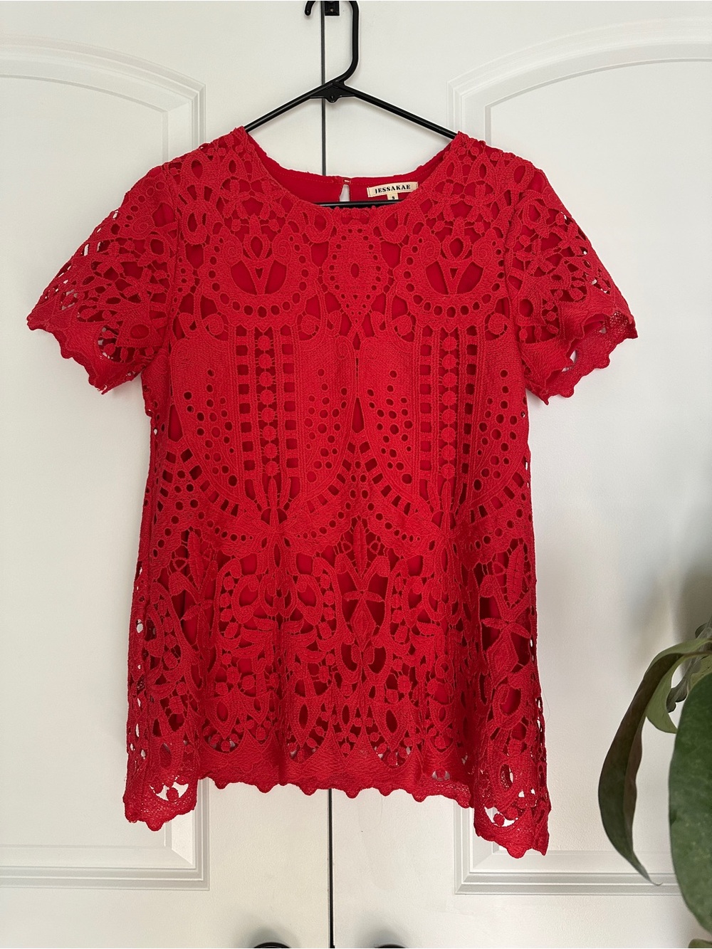 JessaKae Red Crochet Lace Short Sleeve Blouse